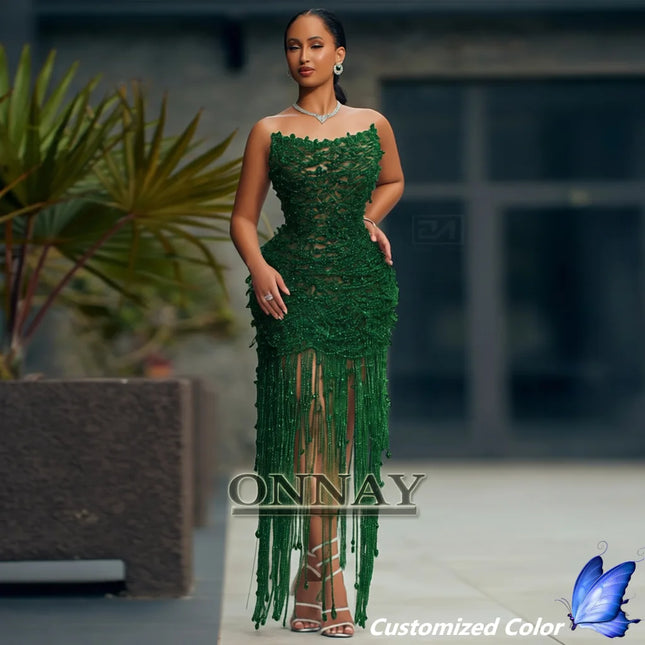 Customized Trendy Tassel Prom Dresses Pearls Strapless Beadings for Women Kuwait Saudi Arabric Gala Bespoke Vestidos De Fiesta by Gilded Grace
