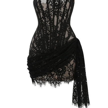 Women's Sexy Strapless Lace Corset Mini Dress Sleeveless Lace-up Adjusted Draped Black Bodycon Dresses Elegant Party Club Gowns by Gilded Grace
