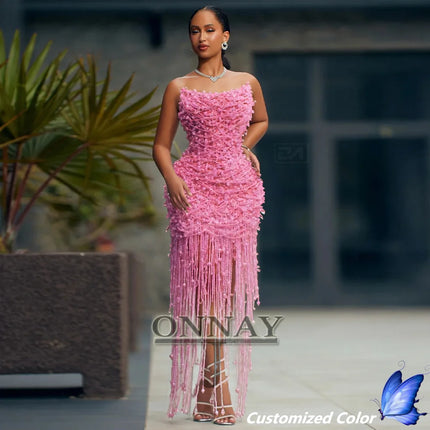 Customized Trendy Tassel Prom Dresses Pearls Strapless Beadings for Women Kuwait Saudi Arabric Gala Bespoke Vestidos De Fiesta by Gilded Grace