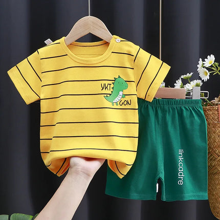 Summer Casual Baby Set Dinosaur Style Stripe T-shirt+Shorts 2Pcs Clothes for Boys Girls Soft Cotton Infant Outfit by Gilded Grace