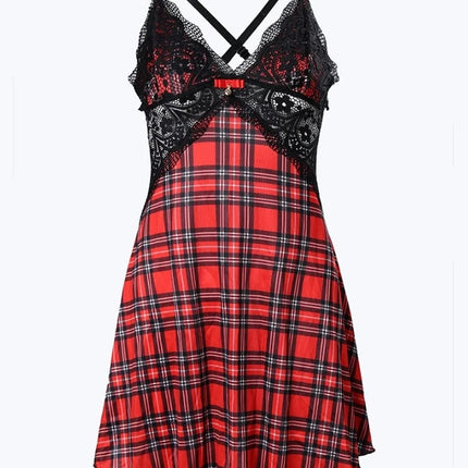 Womens Dresses 2024 Summer Plaid Print Crisscross Backless Sleep Dress Contrast Lace Plunge Sleeveless Nightgown Sleepwear by Gilded Grace