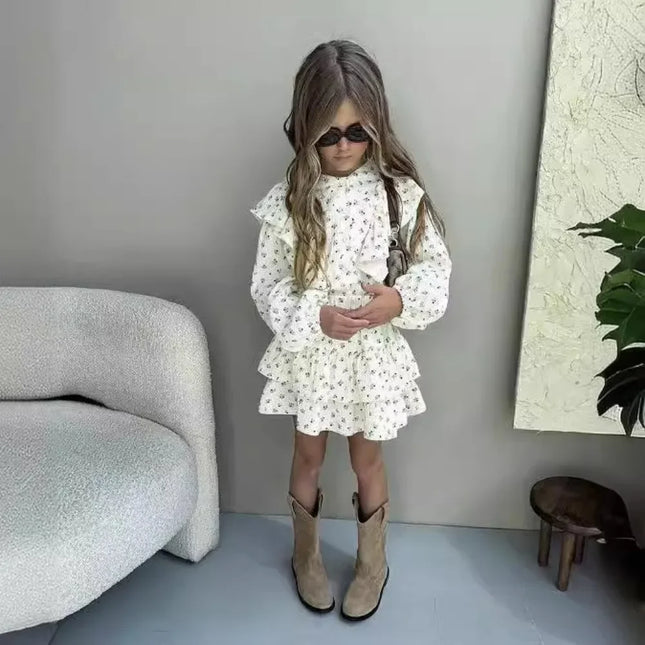 4478-1 Children Clothing Set INS Russian Girl's Dress Autumn Floral Lace Shirt+Cake Skirt Two-piece Set by Gilded Grace