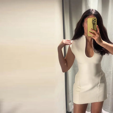 Elegant Slim Women's Dress Stand Collar Hollow Out Sleeveless Waist-Closed Lady Mini Dresses 2026 Spring Summer Female Robe by Gilded Grace