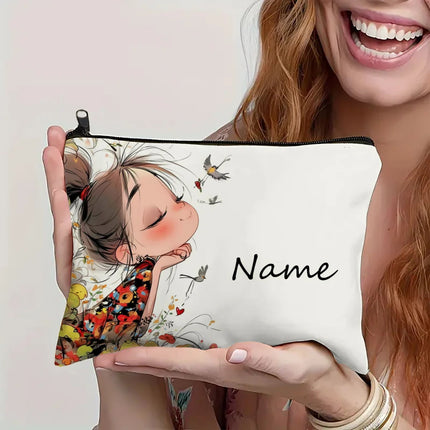 Custom Name Vintage Cute Girl Pattern Makeup Bag Handbag Toiletry Bag Pencil Case Holiday Gift Cosmetic Bag by Gilded Grace