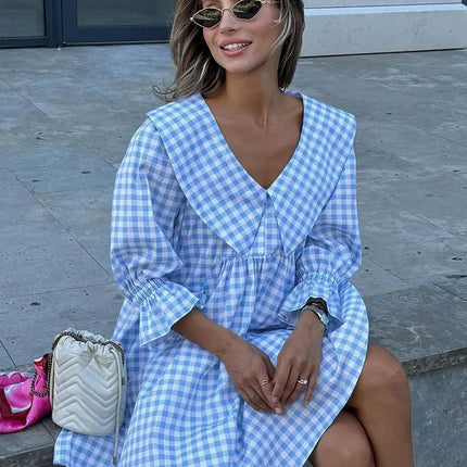 Oymimi Elegant Blue Cotton Dresses 2024 Women Fashion Print Three Quarter Sleeve Looes Dresses Casual New Pleated Mini Dress by Gilded Grace