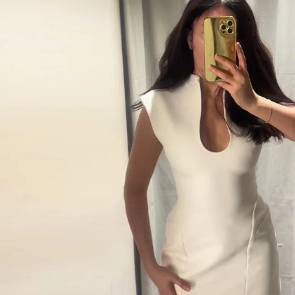 Elegant Slim Women's Dress Stand Collar Hollow Out Sleeveless Waist-Closed Lady Mini Dresses 2026 Spring Summer Female Robe by Gilded Grace