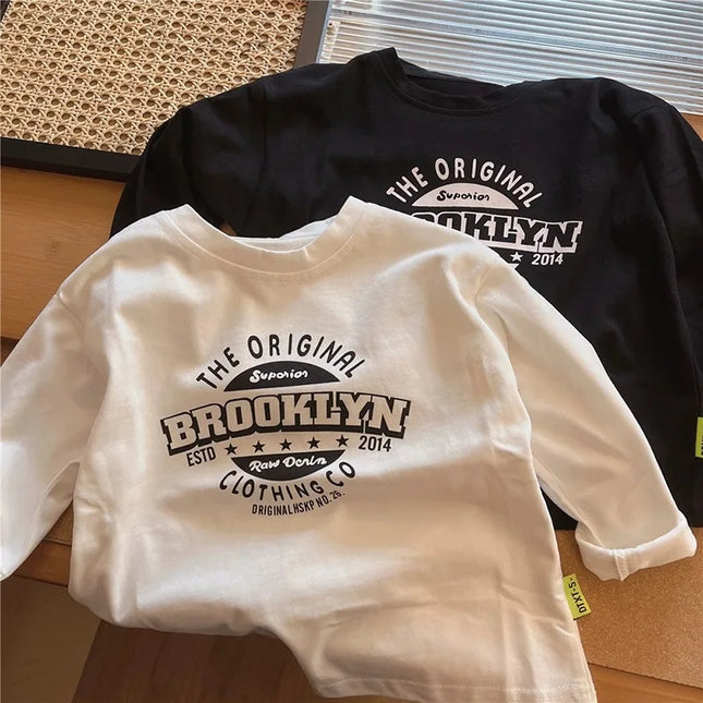 Spring Girls Boys Baby T-shirt Kids 1-10Year Round Neck Long Sleeve T-shirt Letter Printed Pattern Tops Autumn Children Clothing by Gilded Grace