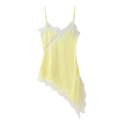Sexy Lace Patchwork Sling Dress Women Satin Off-shoulder Sleeveless See Through Short Dresses Lady Casual Summer Party Gowns by Gilded Grace