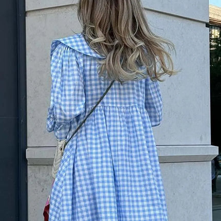 Oymimi Elegant Blue Cotton Dresses 2024 Women Fashion Print Three Quarter Sleeve Looes Dresses Casual New Pleated Mini Dress by Gilded Grace