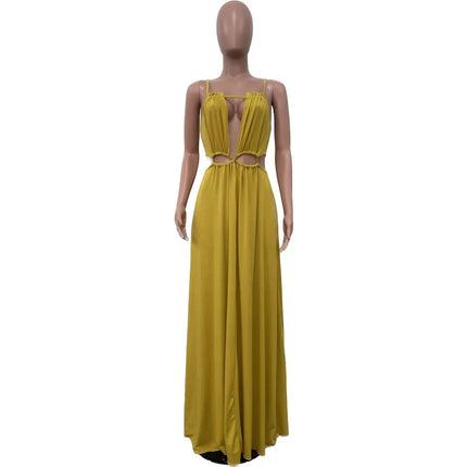 2025 Women's Dress Summer Holiday Solid Long Dresses Sexy Drawstring Lace Up Sleeveless Vestidos Para Mujer Club Party Outfits by Gilded Grace