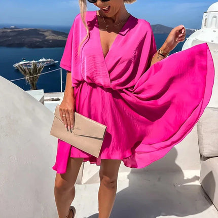 Sexy V Neck Dresses For Women Elegant Short Sleeve Solid A-line Loose Mini Dress Women Casual Beach Party Dress Boho 2022 by Gilded Grace