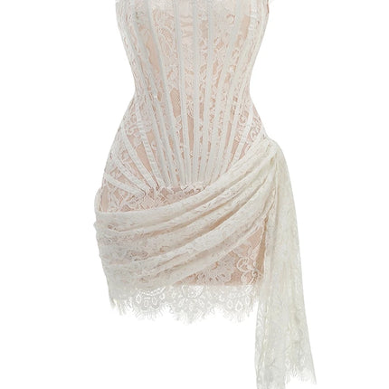 Women's Sexy Strapless Lace Corset Mini Dress Sleeveless Lace-up Adjusted Draped Black Bodycon Dresses Elegant Party Club Gowns by Gilded Grace