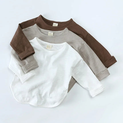 Autumn Boy Girl Baby O-neck Solid Bottoming Shirt Children Simple Casual Long Sleeves T-shirt Kid Cotton Tops Infant Unique Tees by Gilded Grace