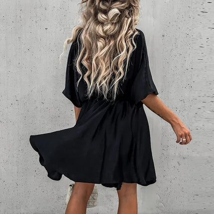 Sexy V Neck Dresses For Women Elegant Short Sleeve Solid A-line Loose Mini Dress Women Casual Beach Party Dress Boho 2022 by Gilded Grace