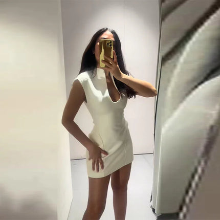 Elegant Slim Women's Dress Stand Collar Hollow Out Sleeveless Waist-Closed Lady Mini Dresses 2026 Spring Summer Female Robe by Gilded Grace