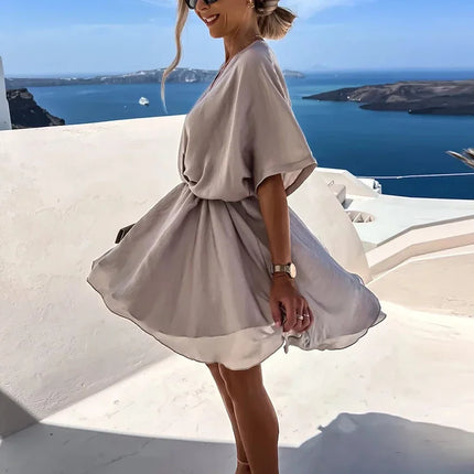 Sexy V Neck Dresses For Women Elegant Short Sleeve Solid A-line Loose Mini Dress Women Casual Beach Party Dress Boho 2022 by Gilded Grace