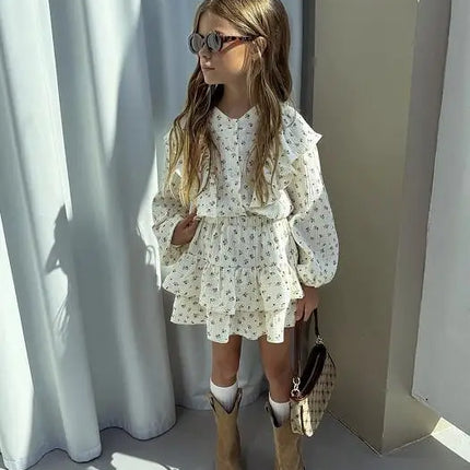 4478-1 Children Clothing Set INS Russian Girl's Dress Autumn Floral Lace Shirt+Cake Skirt Two-piece Set by Gilded Grace