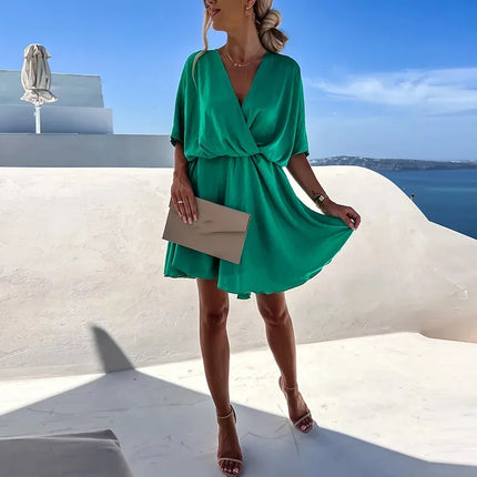 Sexy V Neck Dresses For Women Elegant Short Sleeve Solid A-line Loose Mini Dress Women Casual Beach Party Dress Boho 2022 by Gilded Grace