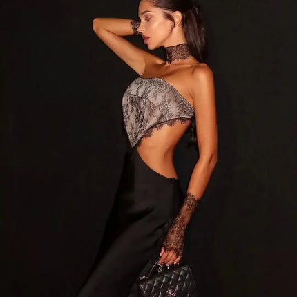 Sexy Strapless Lace Patchwork Satin Dress Women Sleeveless Backless Hollow-out Slim Maxi Dresses 2026 Lady Party Evening Robe by Gilded Grace