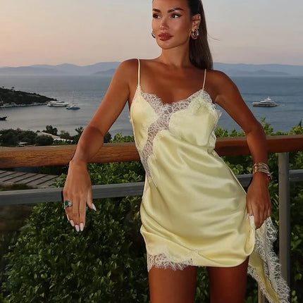 Sexy Lace Patchwork Sling Dress Women Satin Off-shoulder Sleeveless See Through Short Dresses Lady Casual Summer Party Gowns by Gilded Grace