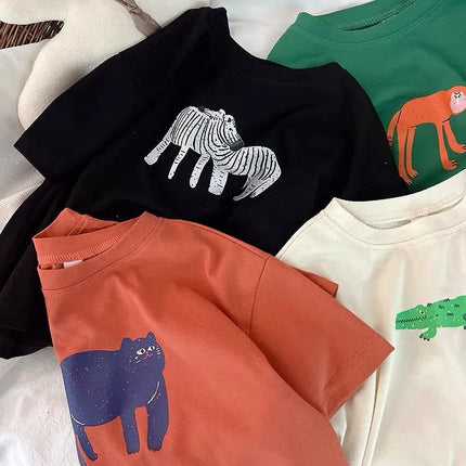 Animal Pattern Baby Boys Girls Short Sleeve Tops Kids Tees Summer Clothing Loose Fashion Trendy Children's Wear T-shirt O-neck by Gilded Grace