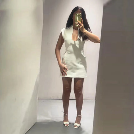 Elegant Slim Women's Dress Stand Collar Hollow Out Sleeveless Waist-Closed Lady Mini Dresses 2026 Spring Summer Female Robe by Gilded Grace
