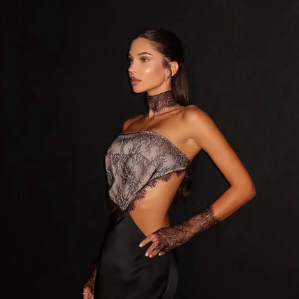 Sexy Strapless Lace Patchwork Satin Dress Women Sleeveless Backless Hollow-out Slim Maxi Dresses 2026 Lady Party Evening Robe by Gilded Grace