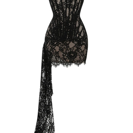 Women's Sexy Strapless Lace Corset Mini Dress Sleeveless Lace-up Adjusted Draped Black Bodycon Dresses Elegant Party Club Gowns by Gilded Grace