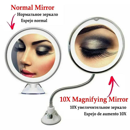 Flexible Gooseneck Makeup Mirror with LED Light 10X Magnifying Mirror Suction Cup Bright Diffused Light And 360 Degree Swivel by Gilded Grace