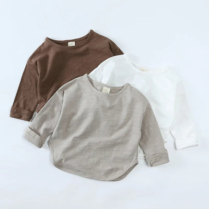 Autumn Boy Girl Baby O-neck Solid Bottoming Shirt Children Simple Casual Long Sleeves T-shirt Kid Cotton Tops Infant Unique Tees by Gilded Grace