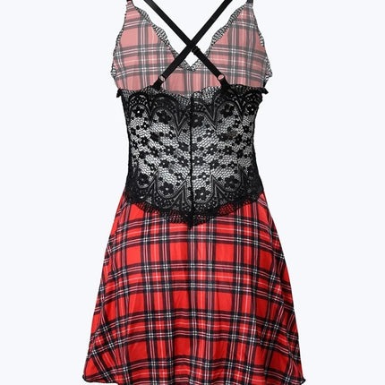 Womens Dresses 2024 Summer Plaid Print Crisscross Backless Sleep Dress Contrast Lace Plunge Sleeveless Nightgown Sleepwear by Gilded Grace