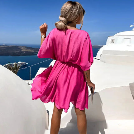 Sexy V Neck Dresses For Women Elegant Short Sleeve Solid A-line Loose Mini Dress Women Casual Beach Party Dress Boho 2022 by Gilded Grace
