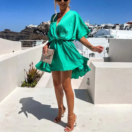 Sexy V Neck Dresses For Women Elegant Short Sleeve Solid A-line Loose Mini Dress Women Casual Beach Party Dress Boho 2022 by Gilded Grace