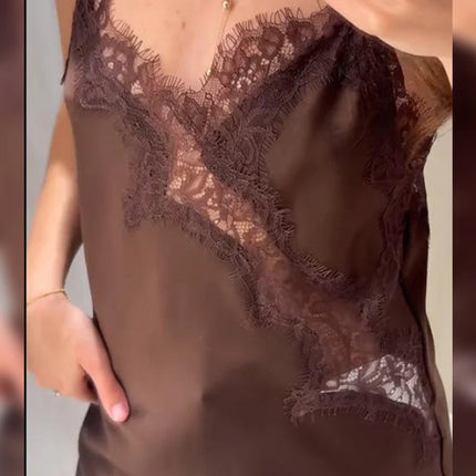 Sexy Lace Patchwork Sling Dress Women Satin Off-shoulder Sleeveless See Through Short Dresses Lady Casual Summer Party Gowns by Gilded Grace