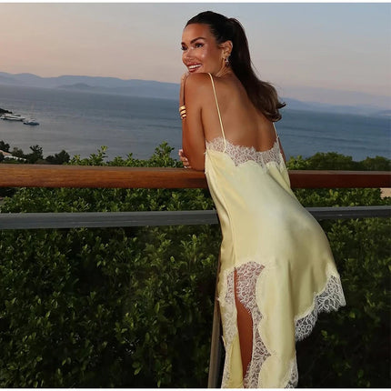 Sexy Lace Patchwork Sling Dress Women Satin Off-shoulder Sleeveless See Through Short Dresses Lady Casual Summer Party Gowns by Gilded Grace