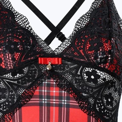 Womens Dresses 2024 Summer Plaid Print Crisscross Backless Sleep Dress Contrast Lace Plunge Sleeveless Nightgown Sleepwear by Gilded Grace