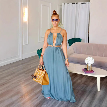 2025 Women's Dress Summer Holiday Solid Long Dresses Sexy Drawstring Lace Up Sleeveless Vestidos Para Mujer Club Party Outfits by Gilded Grace
