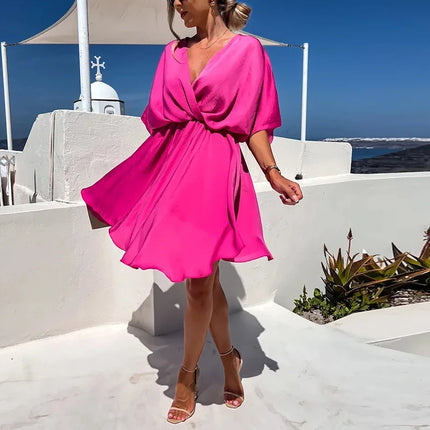 Sexy V Neck Dresses For Women Elegant Short Sleeve Solid A-line Loose Mini Dress Women Casual Beach Party Dress Boho 2022 by Gilded Grace