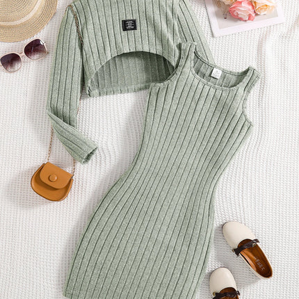 Spring and autumn new girls fashion knitted solid color pit strip mid-collar long-sleeved shirt + sleeveless vest casual dress 2 by Gilded Grace