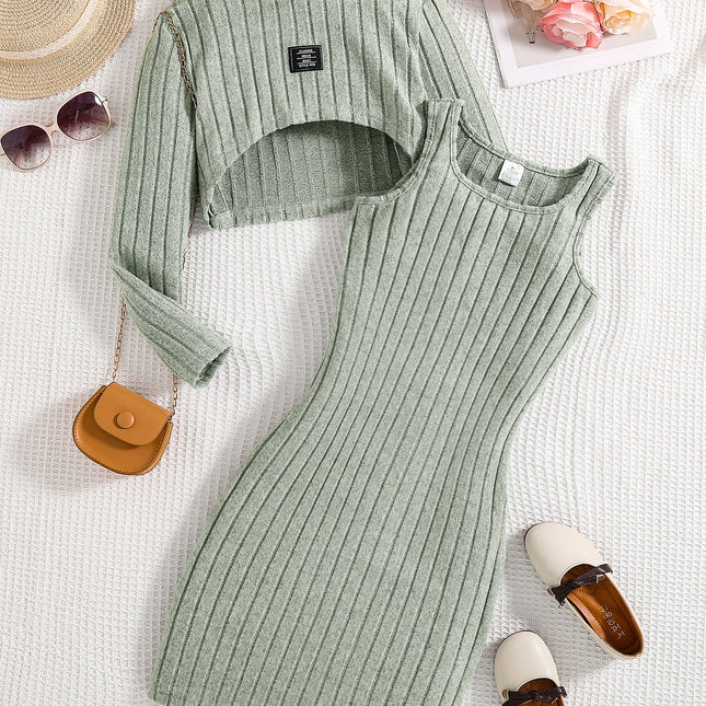 Spring and autumn new girls fashion knitted solid color pit strip mid-collar long-sleeved shirt + sleeveless vest casual dress 2 by Gilded Grace