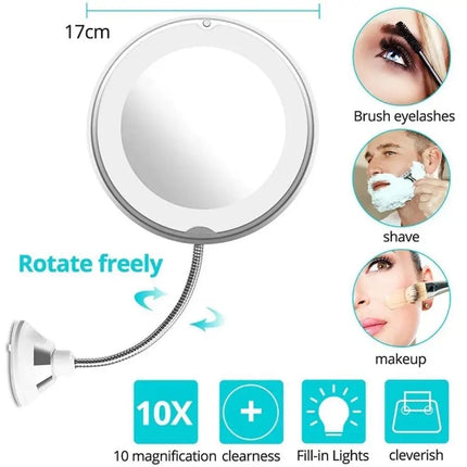 Flexible Gooseneck Makeup Mirror with LED Light 10X Magnifying Mirror Suction Cup Bright Diffused Light And 360 Degree Swivel by Gilded Grace