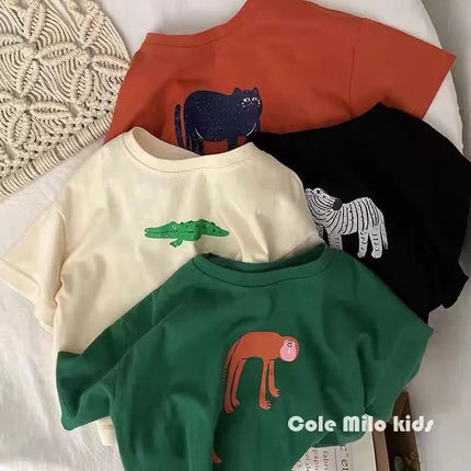 Animal Pattern Baby Boys Girls Short Sleeve Tops Kids Tees Summer Clothing Loose Fashion Trendy Children's Wear T-shirt O-neck by Gilded Grace