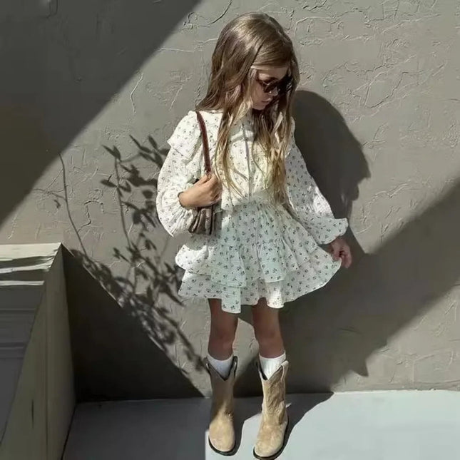 4478-1 Children Clothing Set INS Russian Girl's Dress Autumn Floral Lace Shirt+Cake Skirt Two-piece Set by Gilded Grace