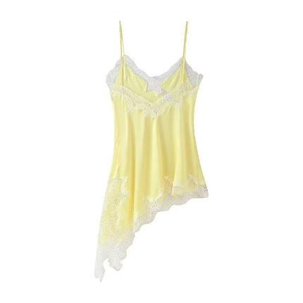 Sexy Lace Patchwork Sling Dress Women Satin Off-shoulder Sleeveless See Through Short Dresses Lady Casual Summer Party Gowns by Gilded Grace