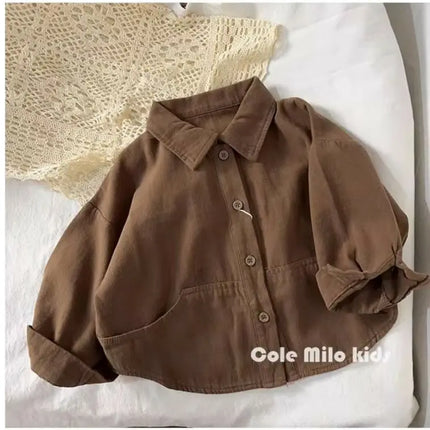 Korean boys' shirt long sleeved spring and autumn 2024 new girls' shirt baby top children's cardigan outdoor wear by Gilded Grace