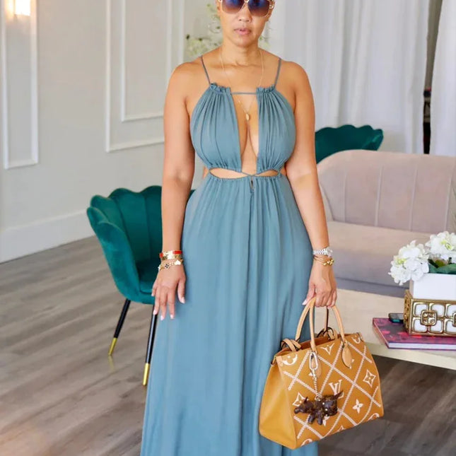 2025 Women's Dress Summer Holiday Solid Long Dresses Sexy Drawstring Lace Up Sleeveless Vestidos Para Mujer Club Party Outfits by Gilded Grace