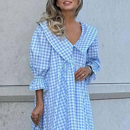 Oymimi Elegant Blue Cotton Dresses 2024 Women Fashion Print Three Quarter Sleeve Looes Dresses Casual New Pleated Mini Dress by Gilded Grace