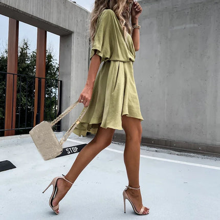 Sexy V Neck Dresses For Women Elegant Short Sleeve Solid A-line Loose Mini Dress Women Casual Beach Party Dress Boho 2022 by Gilded Grace