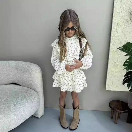 4478-1 Children Clothing Set INS Russian Girl's Dress Autumn Floral Lace Shirt+Cake Skirt Two-piece Set by Gilded Grace