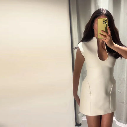 Elegant Slim Women's Dress Stand Collar Hollow Out Sleeveless Waist-Closed Lady Mini Dresses 2026 Spring Summer Female Robe by Gilded Grace
